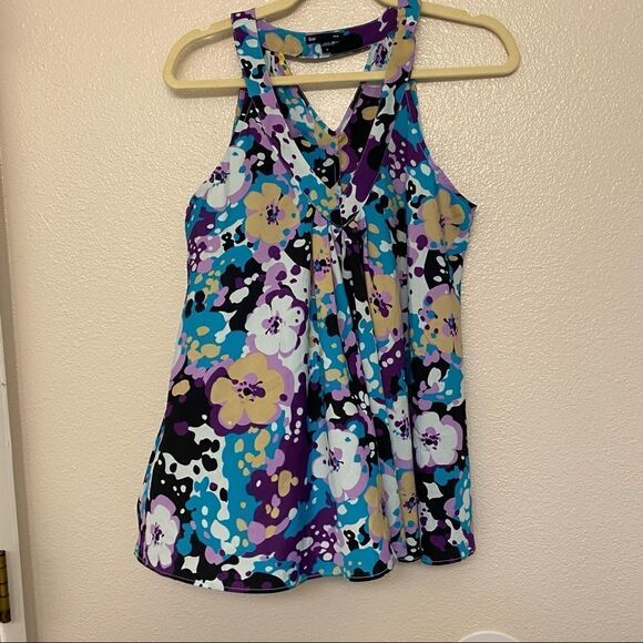 GAP Floral Blue Blouse Tank Top loose silky boho deep v neck style Size L - Picture 2 of 11
